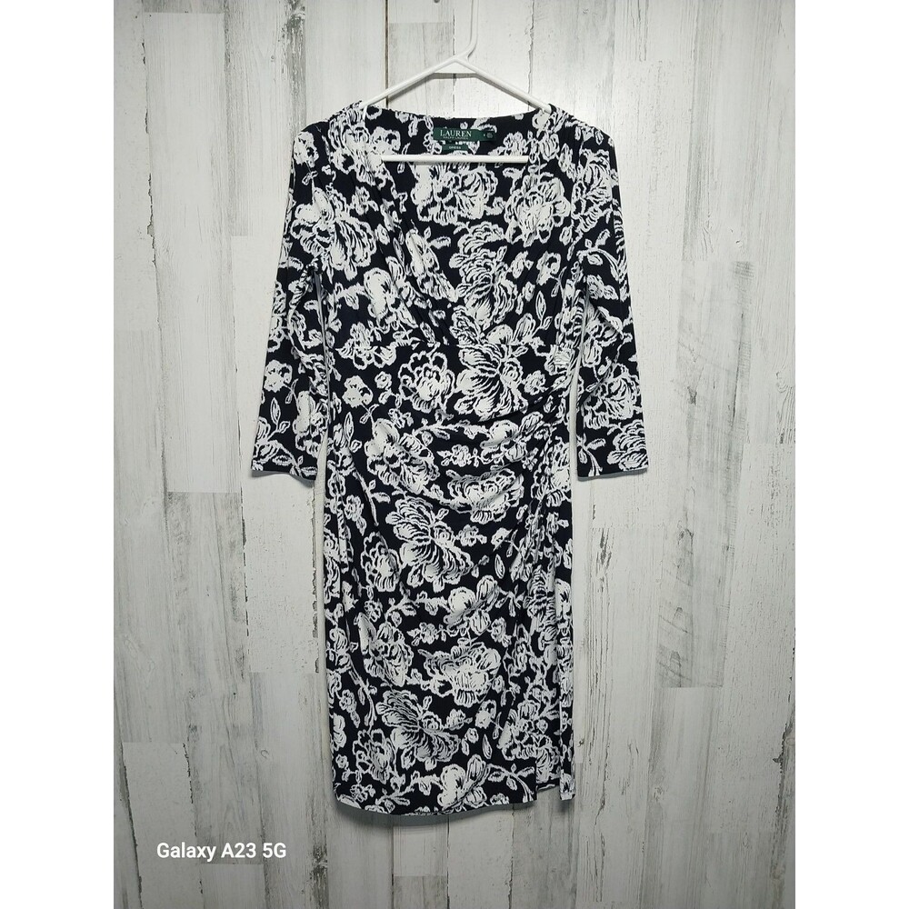 Lauren Ralph Lauren Faux Wrap Dress Womens 6 Black White Floral 3/4 Sleeve